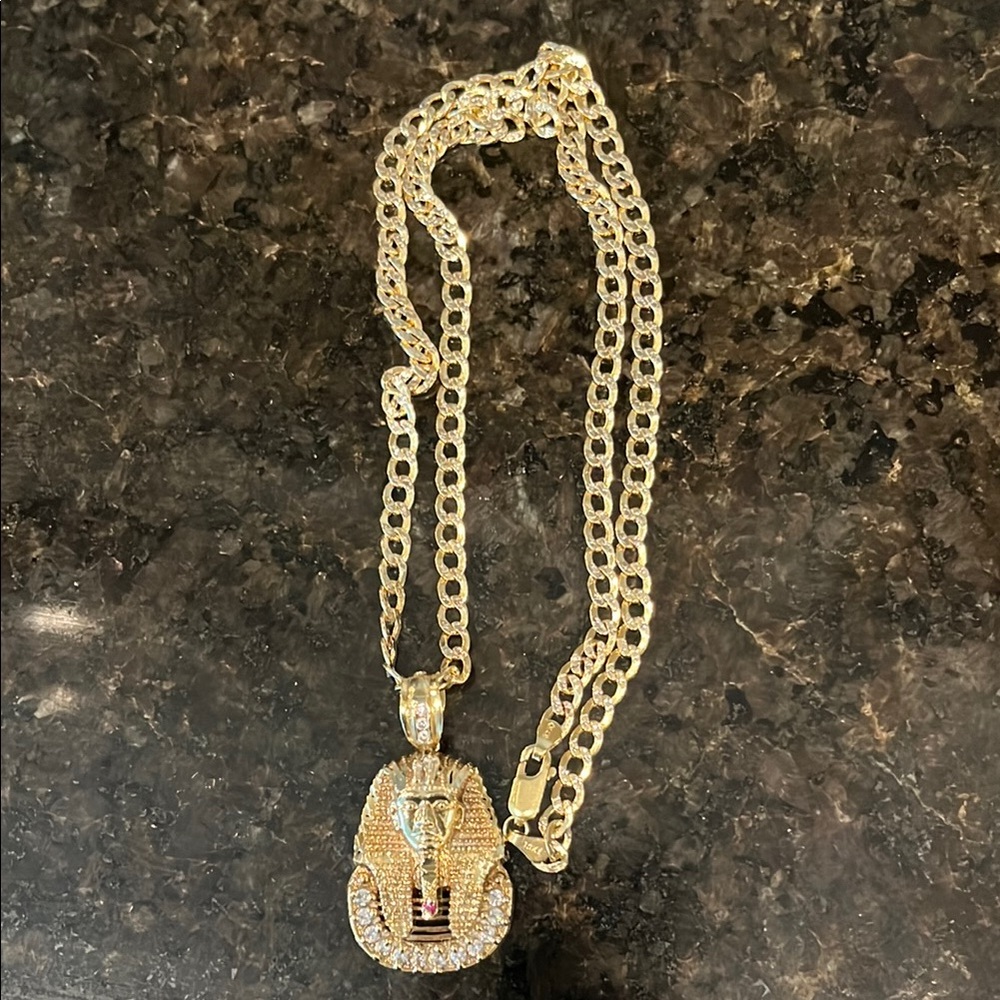 Gold Pharaoh Pendant Necklace with Cuban Link Chain